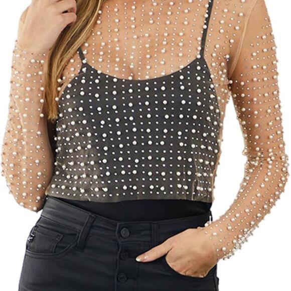 NEW Sparkly Rhinestone Pearl Mesh Crop Top Long Sleeve Sheer Shirt Blouses - Picture 4 of 7